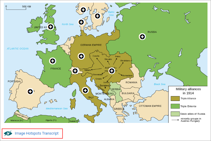 A map of Europe which identifies military alliances in 1914. The image has a series of hotspots which users are able to click to get more information. Under the image there is an accessibility icon. There is text which says "Image Hotspots Transcript" next to the icon.
