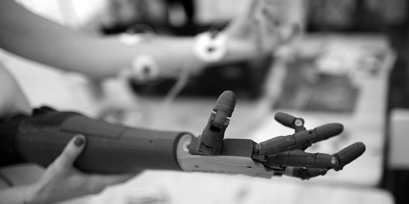 A prosthetic arm in a lab which could be used by someone with a motor impairment.