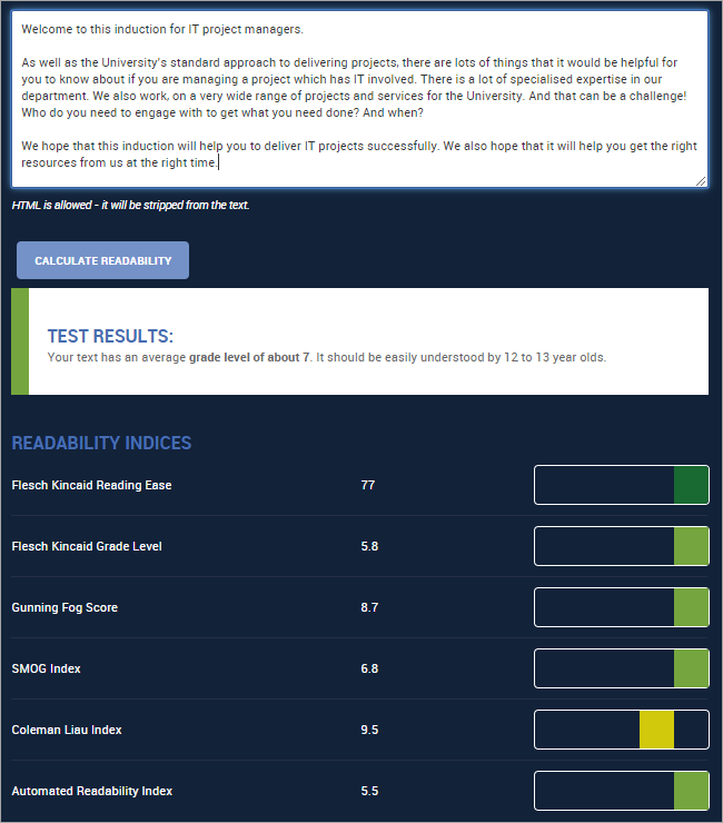 Image shows:
The grade level has been identified as 7 which is easily understood by 12 to 13 year olds. The readability indices results show green results for 5 indices, and low amber for 1.