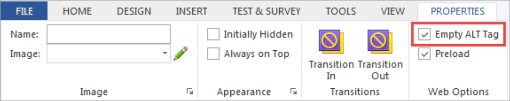 Authoring tool properties tab showing an Empty ALT Tag field.