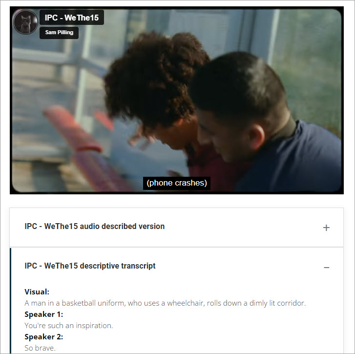 An eLearning resource created using the Rise authoring tool. The main video shows captions describing the sound effect of a phone breaking. Underneath is a collapsed block which had the audio described version of the video. The descriptive transcript is provided in another block underneath the video. This one is open revealing the first few sentences of the descriptive transcript.