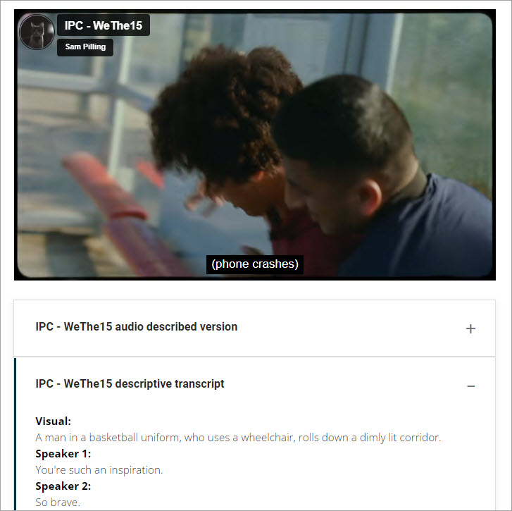 An eLearning resource created using the Rise authoring tool. The main video shows captions describing the sound effect of a phone breaking. Underneath is a collapsed block which had the audio described version of the video. The descriptive transcript is provided in another block underneath the video. This one is open revealing the first few sentences of the descriptive transcript. 