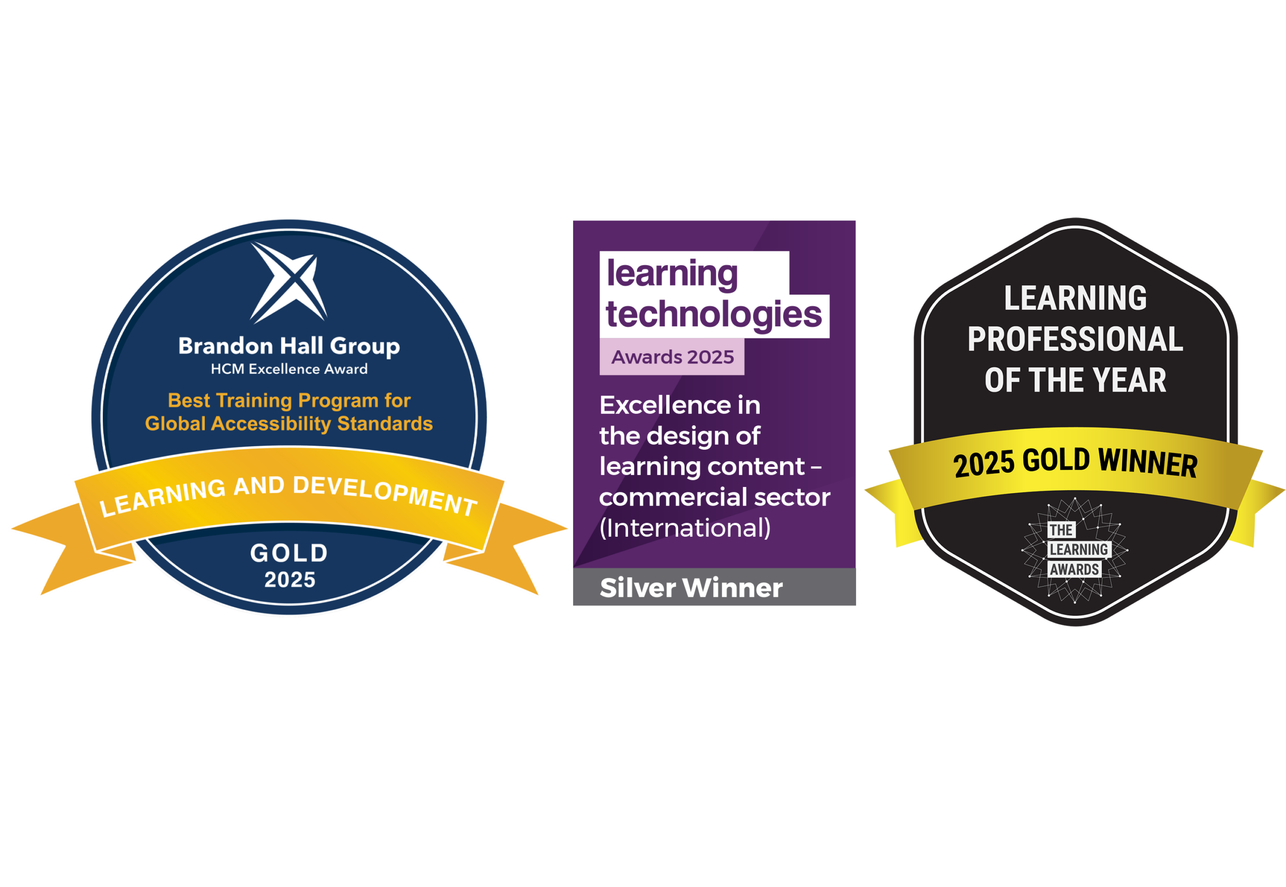 Three international awards
Brandon Hall Group Best Training Program for Global Accessibility standards. Learning Technologies Silver Award for Excellence in the design of learning content. Learning Performance institute - Learning Professional of the Year 2025.